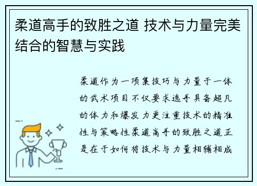 柔道高手的致胜之道 技术与力量完美结合的智慧与实践